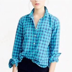 J. Crew Teal and Navy Plaid Button-Up Tunic Shirt Size 12 TALL